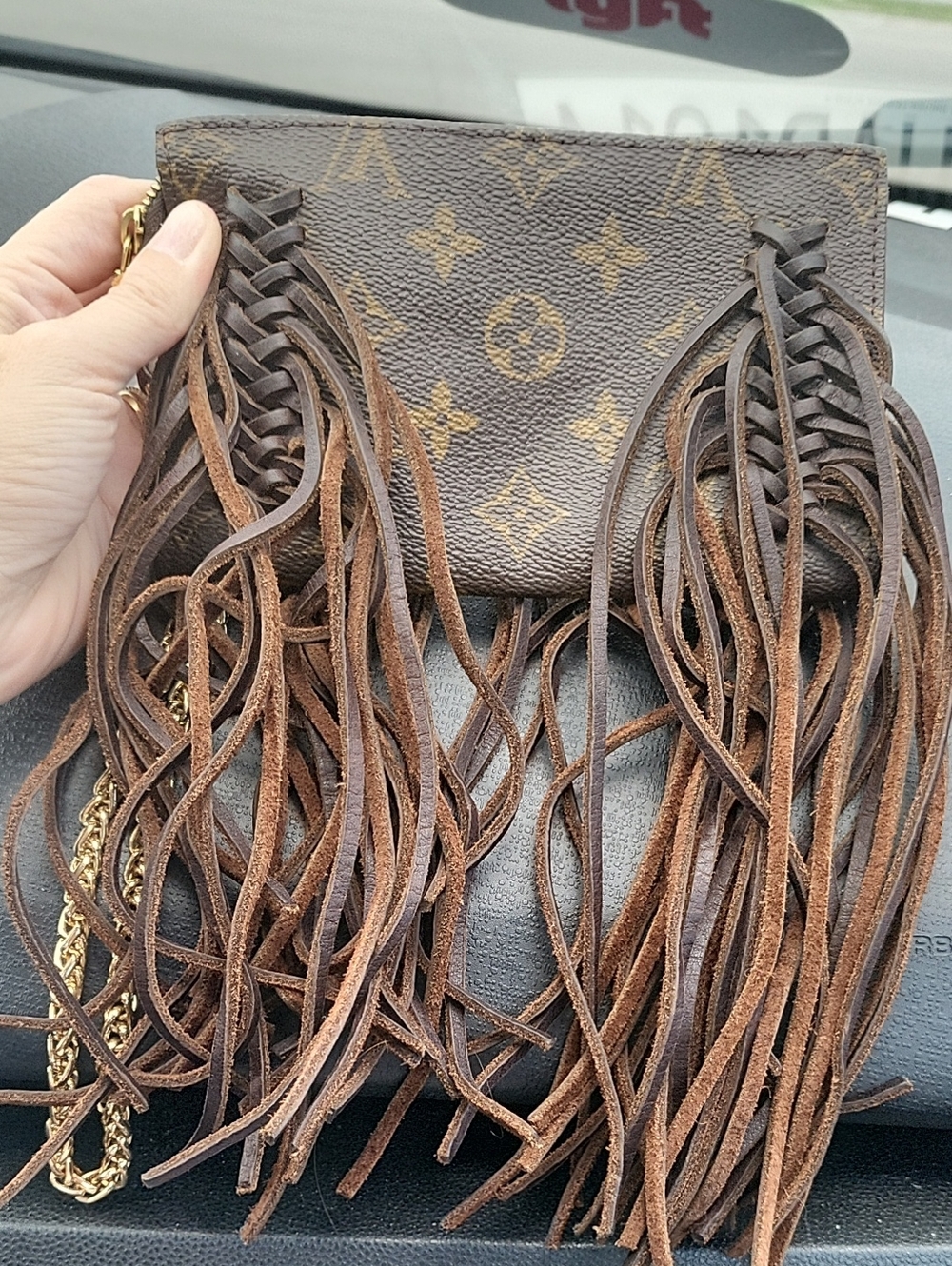 Authentic LOUIS VUITTON PARIS Brown Fringe Wristlet Gold LV Chain